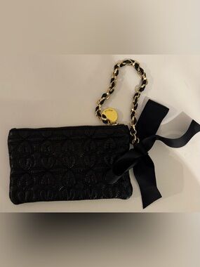 Deux Lux Black Quilted Heart Wristlet Clutch with Ribbon and Chain Strap